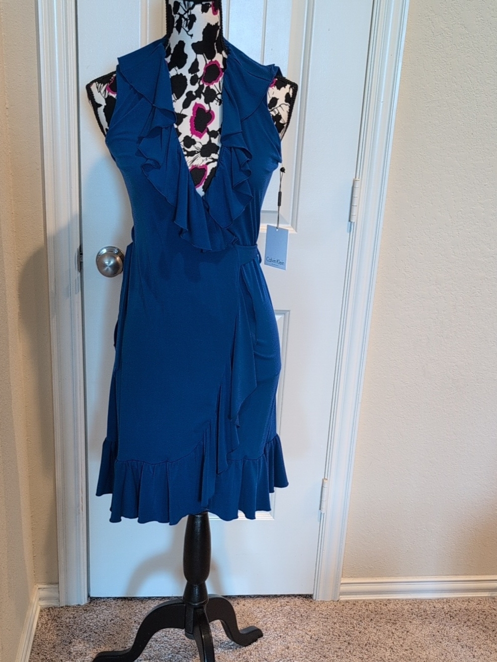 Calvin Klein Royal Blue Ruffled Wrap Dress Size 2 New With Tags